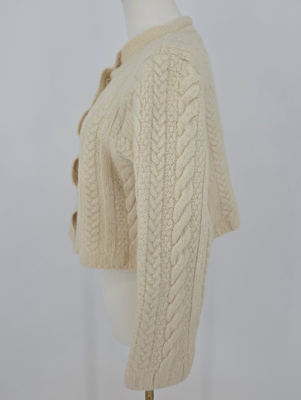 Paul James England 100% Wool Cable Knit Cardigan Sweater Cream Cropped S - Picture 3 of 10
